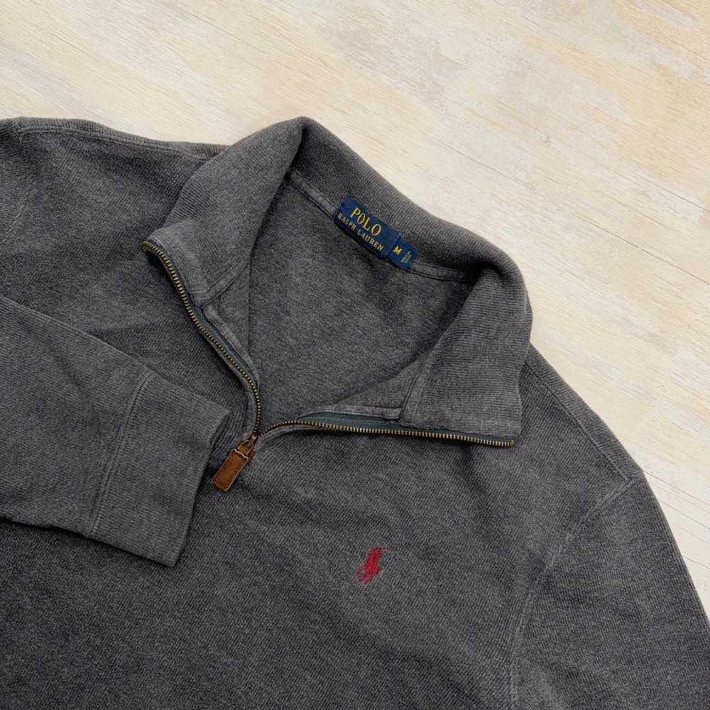 Polo Ralph Lauren Sweater Quarter Zip Cotton Knit Charcoal Grey Mens Size M
